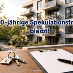10-jährige Spekulationsfrist bei Immobilien bleibt erhalten – moderne Wohnanlage mit Schlüssel und Vertrag