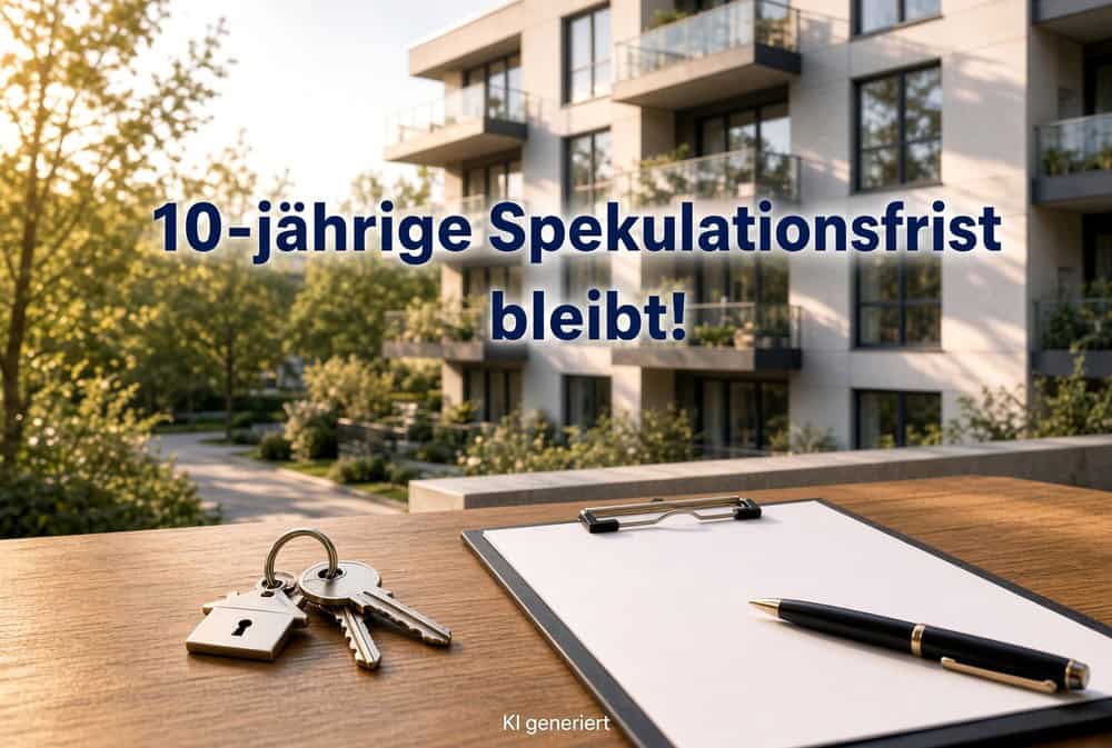 10-jährige Spekulationsfrist bei Immobilien bleibt erhalten – moderne Wohnanlage mit Schlüssel und Vertrag